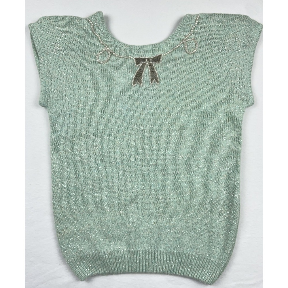 Heidi Mint Green Metallic Knit Vintage Silk Angora Wool Beaded Bow Top L